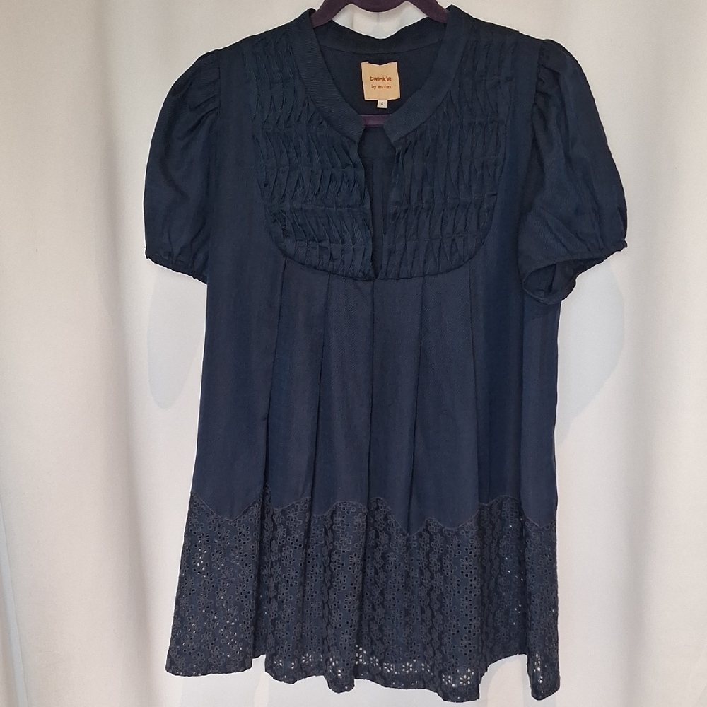 Twinkle by Wenlan Dark Blue Pintuck Flowy Eyelet Tiered Hem Blouse